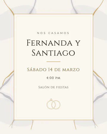 Mármol y oro. Mármol claro de fondo con una tarjeta marfil y marco dorado al centro.