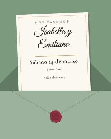 Sobre verde salvia. Un sobre verde salvia abierto con la tarjeta marfil saliendo y un sello de lacre.