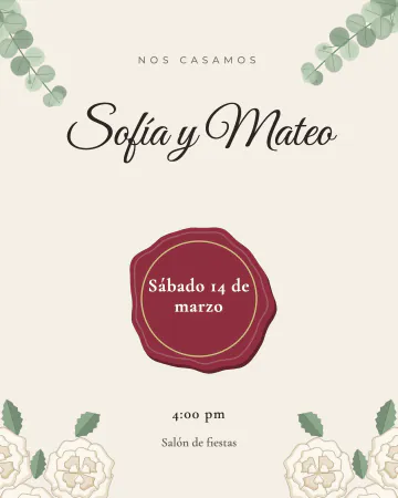 Velo y sello. Los nombres arriba y la fecha dentro de un gran sello de lacre, con eucalipto y rosas blancas en las esquinas.