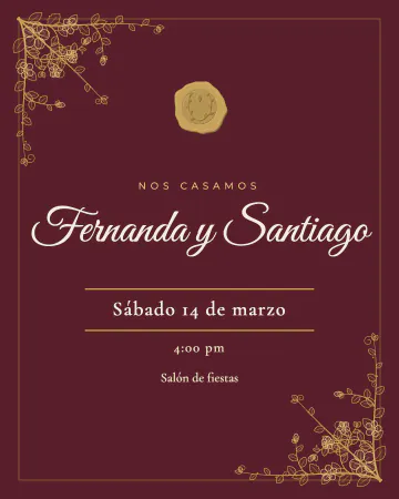 Vino y oro. Color vino con esquinas de encaje dorado y un sello dorado al centro de arriba.