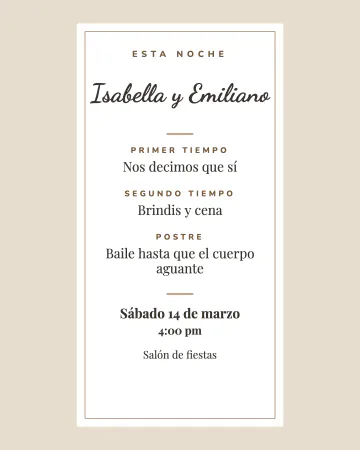 Carta de la boda. Como la carta de un restaurante elegante: tarjeta larga, letras finas y el orden de la noche.