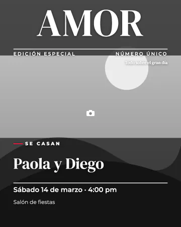 Portada de novios. Su foto como portada de revista, con el titular enorme y los datos como encabezados.