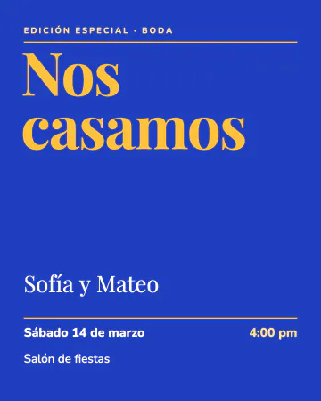 Portada de revista. Como portada de revista: Nos casamos enorme en amarillo sobre azul cobalto.
