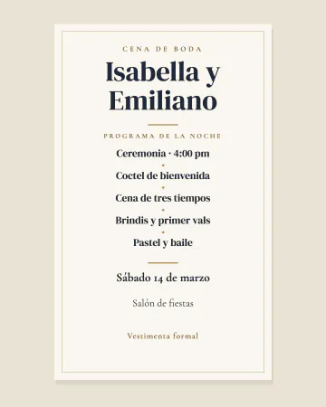 Programa de la noche. Como la carta de un restaurante fino, con ceremonia, cena y baile en renglones.