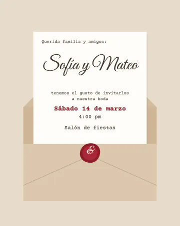 Sobre con sello de lacre. Una carta que sale de su sobre, cerrada con sello de lacre rojo.