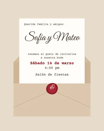 Sobre con lacre rojo. Una carta "Querida familia y amigos" con sello de lacre rojo.