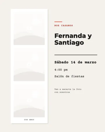 Tira de fotos de novios. Tres fotos en tira como de cabina de feria, con sus datos al lado.