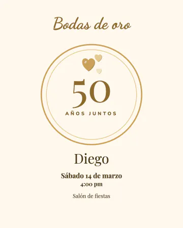 Bodas de oro. Marfil y dorado, con un sello redondo y el 50 al centro.