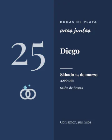 Bodas de plata. Azul marino con plata: un 25 enorme a un lado y los datos en columna.