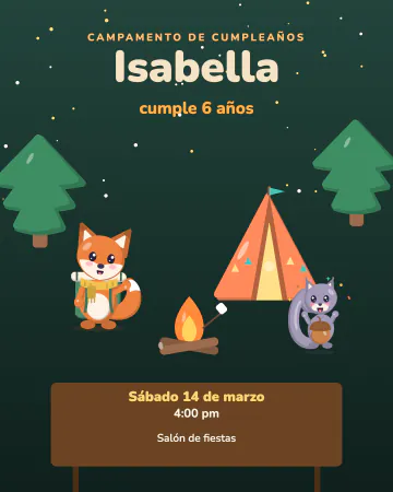 Campamento en el bosque. Noche de campamento con fogata, casita de campaña y animalitos del bosque.