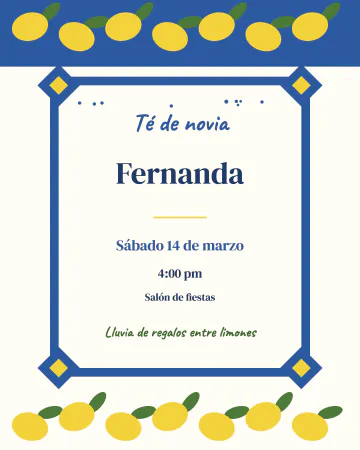 Limones y azulejos. Limones amarillos, hojitas y azulejos azules, fresca como una comida de verano.