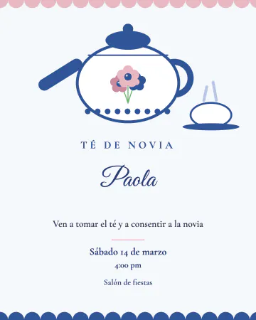 Té de novia. Una tetera de porcelana azul y flores rosas para tomar el té con la novia.