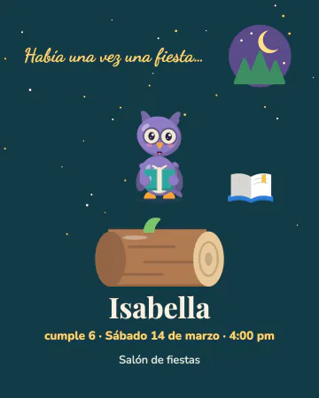 Hora del cuento. Un buhito lector sobre un tronco, bajo la luna del bosque.