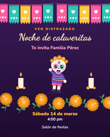 Noche de calaveritas. Una calaverita tierna entre cempasúchil, velas y papel picado.