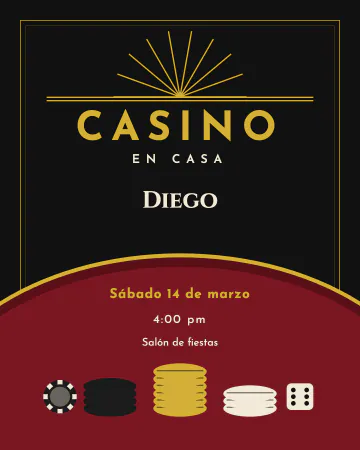 Casino en casa. Negro y oro con fichas apiladas y dados, como casino elegante.
