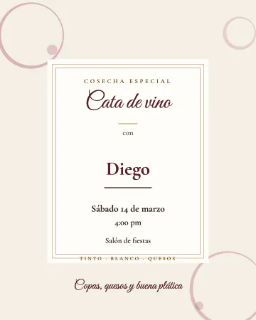 Cata de vino. Elegante, como etiqueta de vino, con manchitas de copa en las esquinas.