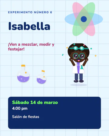 Pequeños científicos. Pizarrón de laboratorio con átomo, pociones y una científica.
