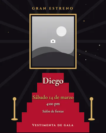 Estreno con alfombra roja. Tu foto como cartel de estreno, alfombra roja y cordones dorados para que todos lleguen como estrellas.