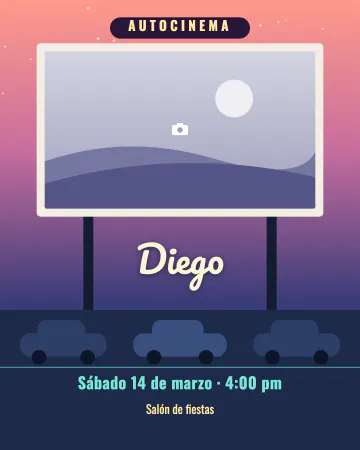 Autocinema. Una pantalla de autocinema con tu foto y carritos viendo la función al atardecer.
