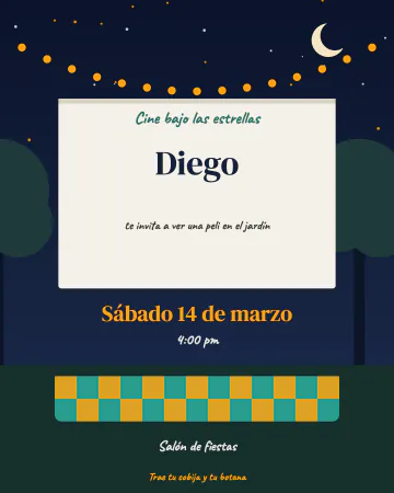Cine bajo las estrellas. Una pantalla en el jardín, foquitos colgando y cobijas en el pasto.