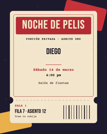 Boleto de cine. Un boleto de cine de los de antes, con su talón para cortar y número de asiento.