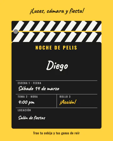 Claqueta de pelis. Una claqueta de cine en blanco y negro con los datos escritos a gis.