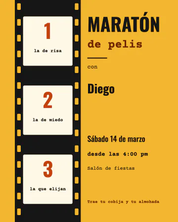 Maratón de pelis. Una tira de película con el programa de la noche: tres pelis, una tras otra.