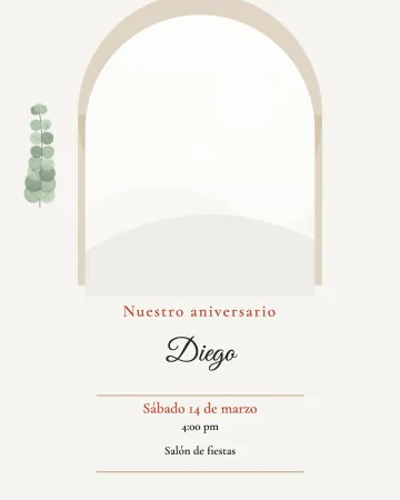 Nuestro aniversario. Tu foto en un arco sobre blanco calmado, con una rama de eucalipto y los datos entre rayas finas.
