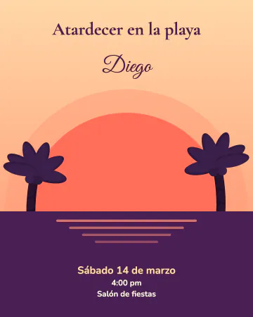 Atardecer en la playa. Medio sol enorme sobre el horizonte, palmeras a los lados y los datos en el agua.