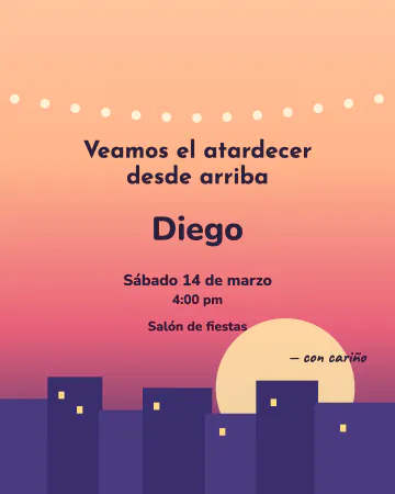 Atardecer en la azotea. Cielo durazno y morado, edificios y una tira de foquitos.
