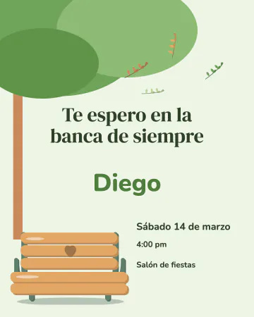 Te espero en la banca. Una banca bajo un árbol del parque con hojitas que caen.