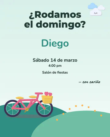 Paseo en bici. Una bici de dos asientos en una loma verde con la ruta punteada.