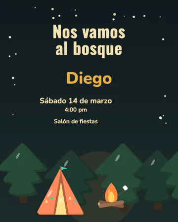 Escapada al bosque. Pinos, una tienda y una fogata bajo las estrellas.