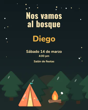 Escapada al bosque. Pinos, una tienda y una fogata de noche bajo un cielo de estrellas.