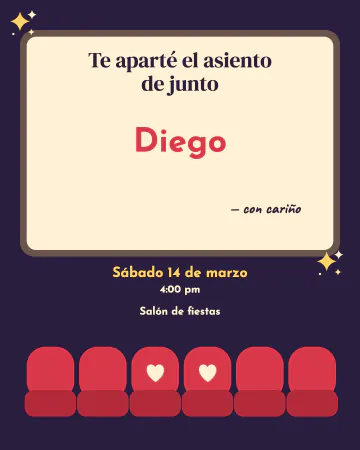Fila de dos. Una pantalla de luz con tu invitación adentro y, abajo, una fila de butacas rojas con dos corazones en el centro.