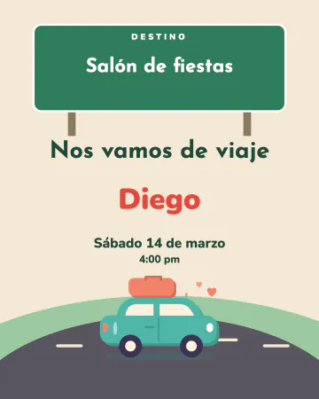 Viaje por carretera. Un letrero verde de carretera con el destino, una carretera curva y un cochecito con su maleta.