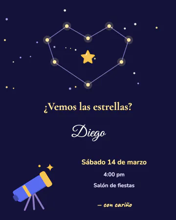 Nuestra constelación. Estrellas unidas con rayitas que forman un corazón y un telescopio abajo.
