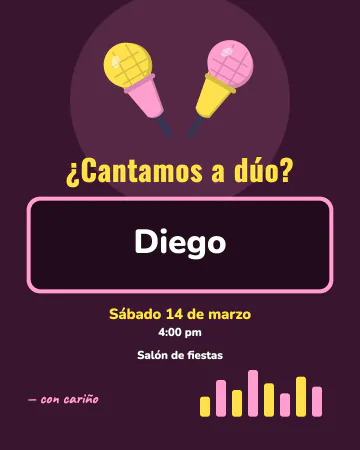 Dueto. Dos micrófonos cruzados y una pantalla de karaoke con tu nombre, sin letras de canciones.