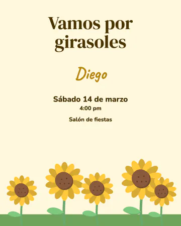 Campo de girasoles. Una fila de girasoles de distintas alturas al pie de la invitación, sobre un fondo amarillo clarito.