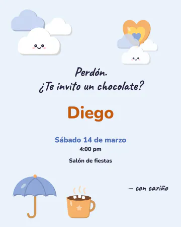 ¿Hacemos las paces?. Nubes con un arcoíris chico, un paraguas cerrado y un chocolate caliente.