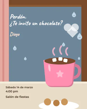 Chocolate de paces. Una taza de chocolate en la ventana mientras llueve afuera; el vapor dibuja un corazón.