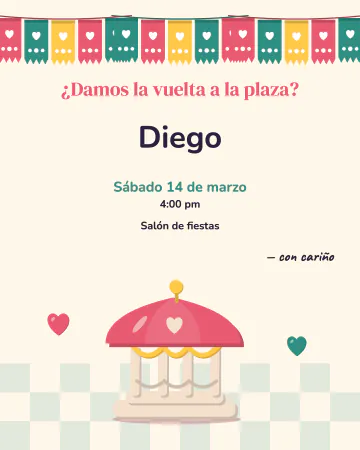 Domingo en el kiosco. Un kiosco de plaza sobre baldosa, con papel picado arriba.