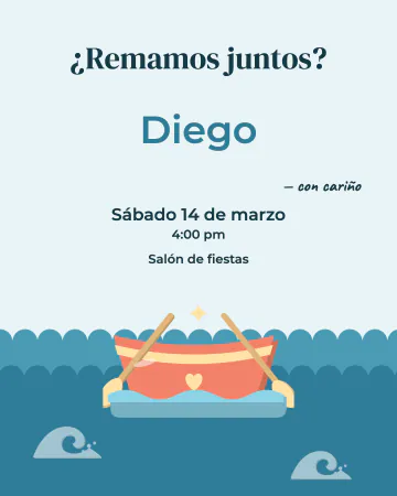 Una vuelta en lancha. Una lancha de remos en un lago tranquilo, con el texto arriba y mucho aire.