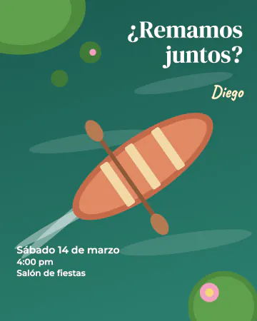 Remamos juntos. Una lancha de remos vista desde arriba cruza un lago verde y deja su estela.