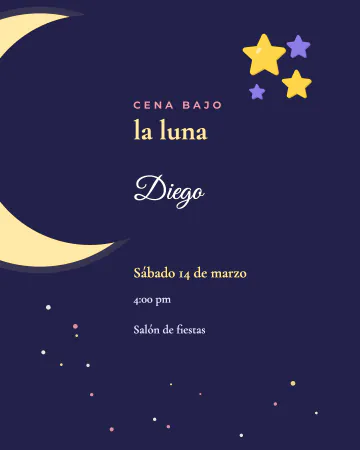 Cena bajo la luna. Una luna grande y estrellitas.