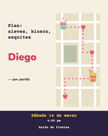 Ruta por el centro. Un plano de calles con una ruta punteada y cuatro corazoncitos: nieves, kiosco y esquites.