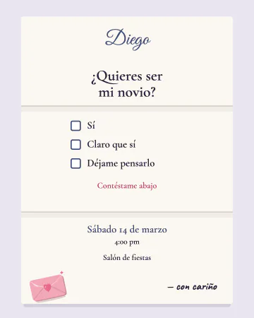 ¿Quieres ser mi novio?. Una carta doblada en tres, abierta, con sus pliegues, la pregunta arriba y cuadritos para contestar.