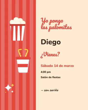 Palomitas y refresco. Una franja roja a rayas con palomitas y un refresco de dos popotes, y tu invitación al lado.