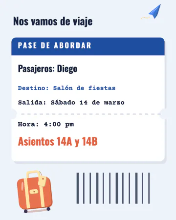 Pase de abordar. Un pase de abordar con talón punteado, los asientos 14A y 14B y un avioncito de papel.