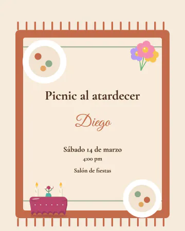 Picnic al atardecer. Una manta con platos, flores y velitas.